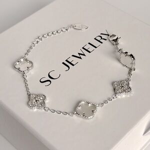 Petite Clover Bracelet Mother of Pearl & Real Zircon Silver Tone Chain